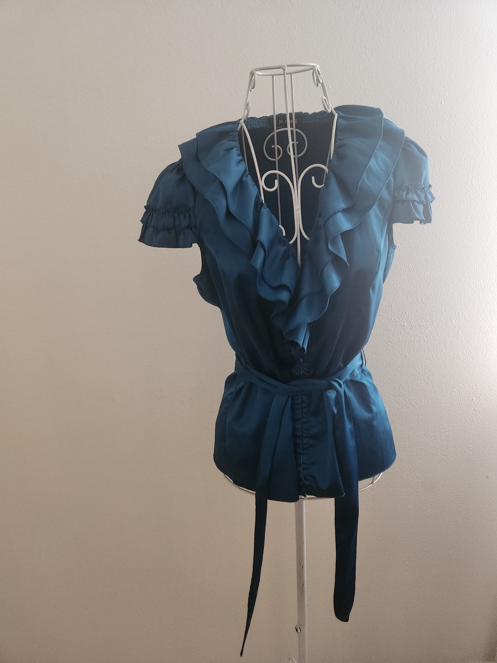 CHIME Teal Satin Ruffle V-Neck Tie Waist Peplum Blouse Size M